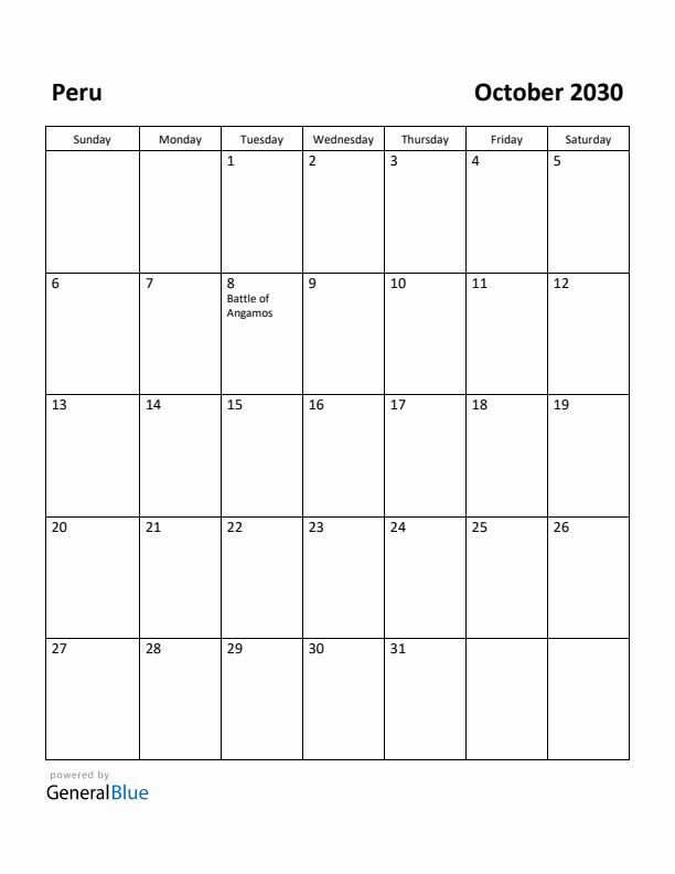 October 2030 Calendar with Peru Holidays