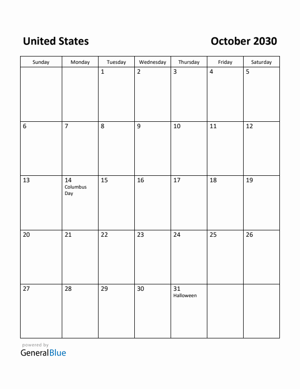 October 2030 Calendar with United States Holidays