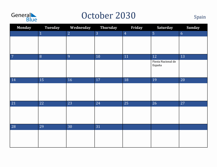 October 2030 Spain Calendar (Monday Start)