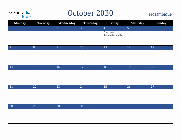 October 2030 Mozambique Calendar (Monday Start)