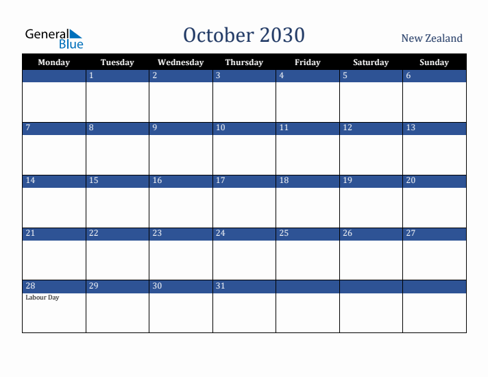 October 2030 New Zealand Calendar (Monday Start)