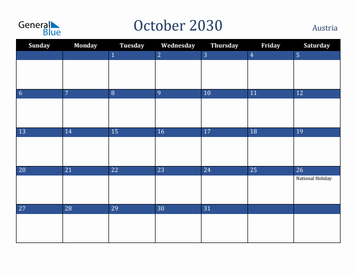 October 2030 Austria Calendar (Sunday Start)