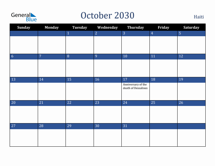 October 2030 Haiti Calendar (Sunday Start)