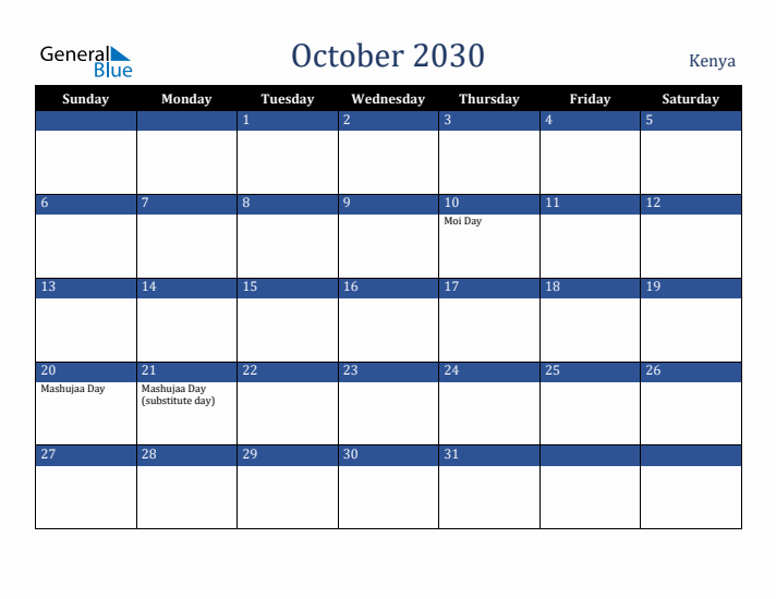 October 2030 Kenya Calendar (Sunday Start)