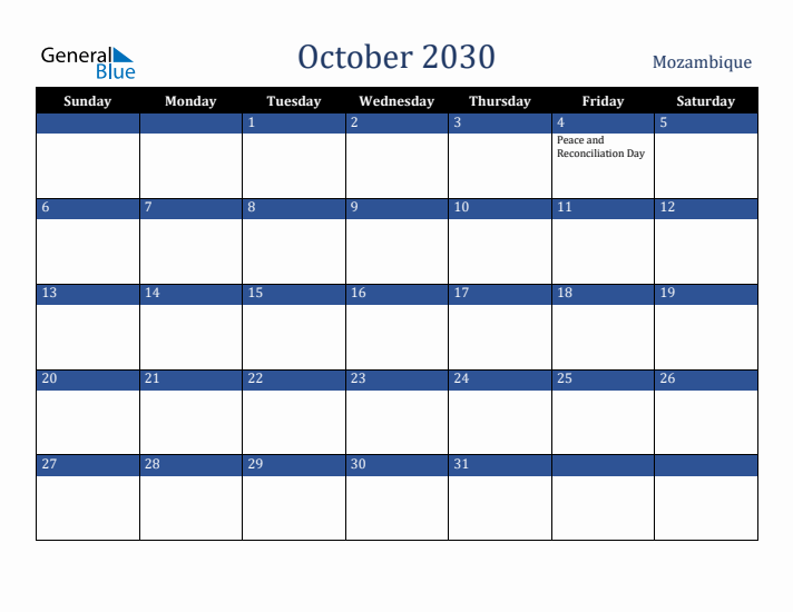 October 2030 Mozambique Calendar (Sunday Start)