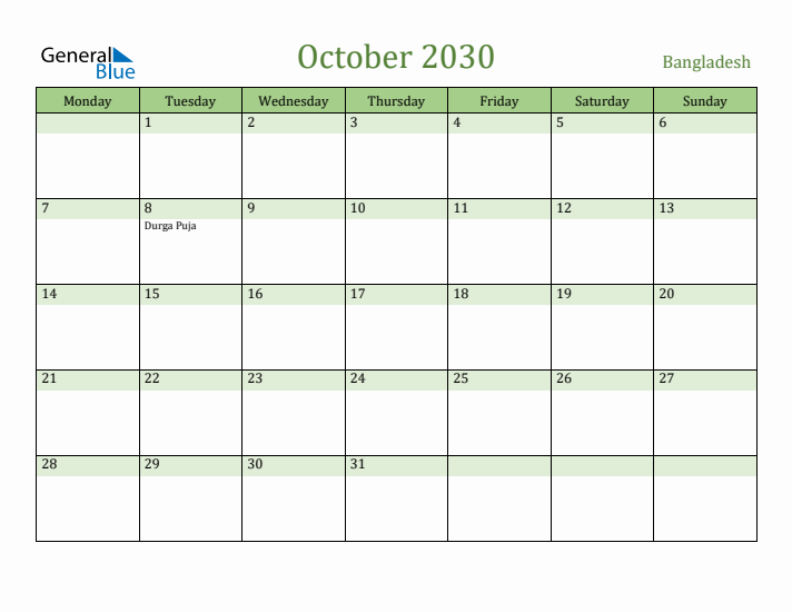 October 2030 Calendar with Bangladesh Holidays