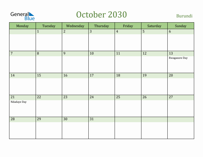 October 2030 Calendar with Burundi Holidays