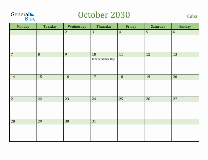 October 2030 Calendar with Cuba Holidays