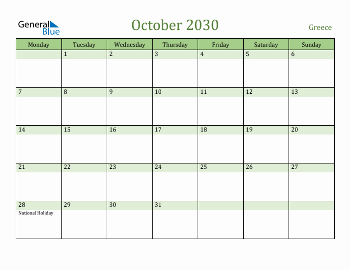 October 2030 Calendar with Greece Holidays