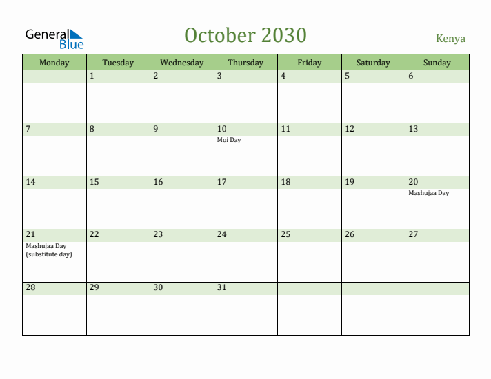 October 2030 Calendar with Kenya Holidays