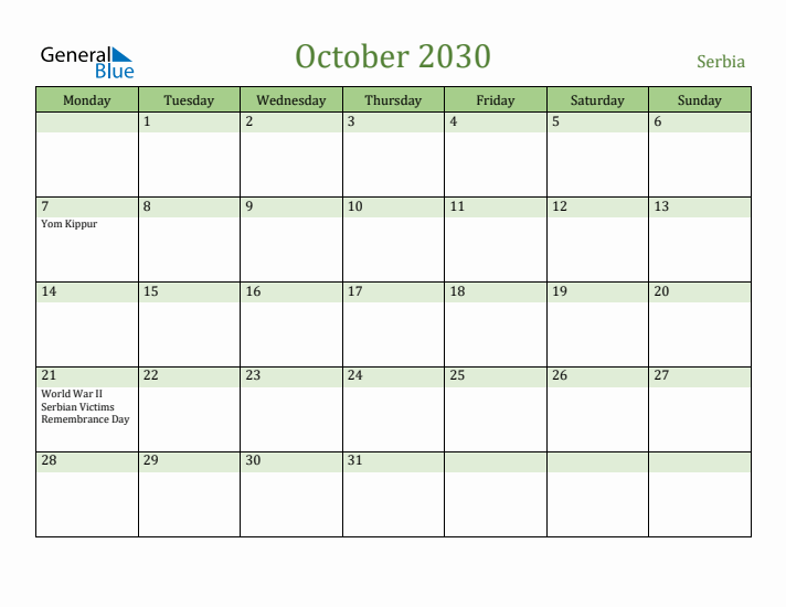 October 2030 Calendar with Serbia Holidays