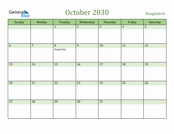 October 2030 Calendar with Bangladesh Holidays