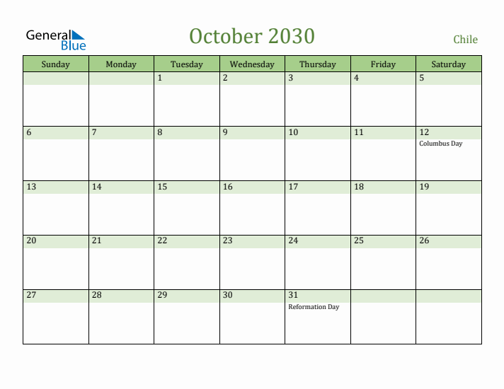 October 2030 Calendar with Chile Holidays