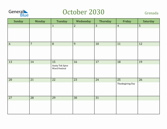 October 2030 Calendar with Grenada Holidays