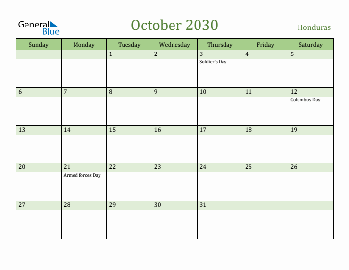 October 2030 Calendar with Honduras Holidays