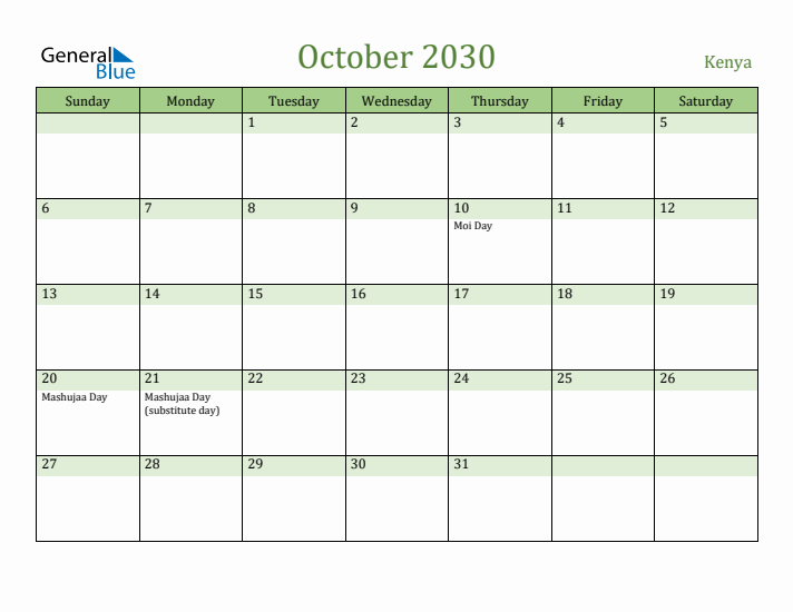 October 2030 Calendar with Kenya Holidays