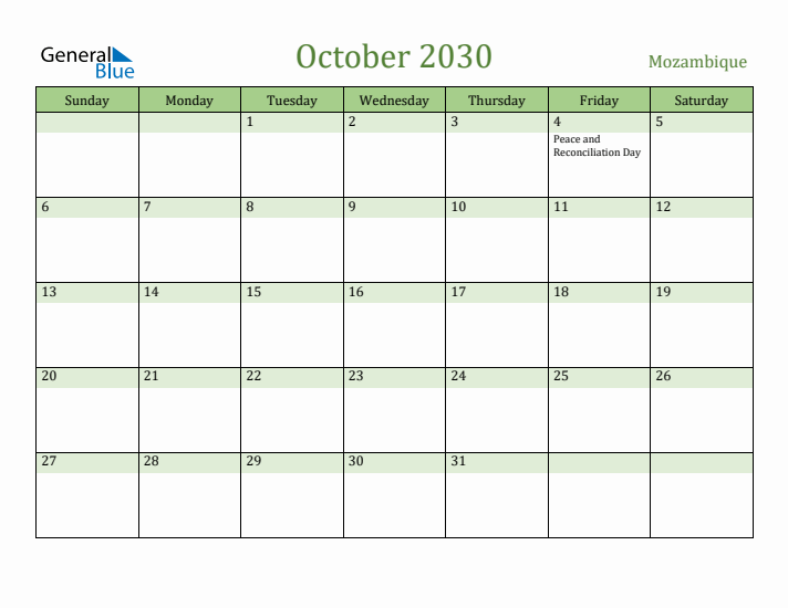 October 2030 Calendar with Mozambique Holidays