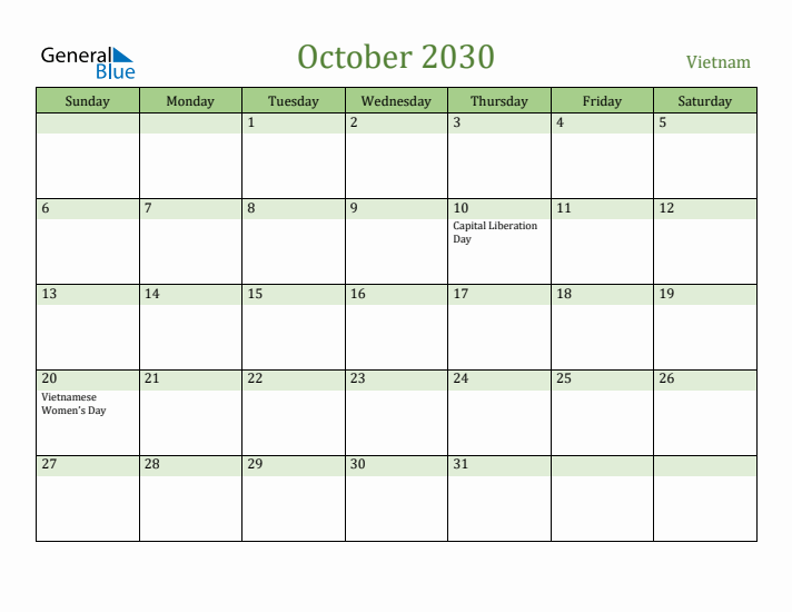 October 2030 Calendar with Vietnam Holidays