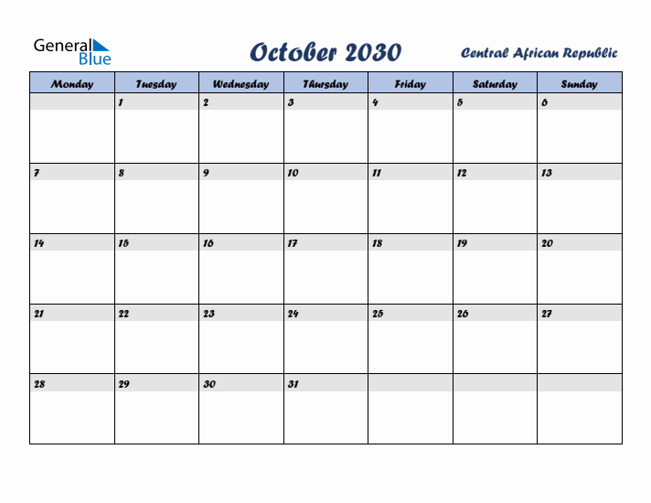 October 2030 Calendar with Holidays in Central African Republic