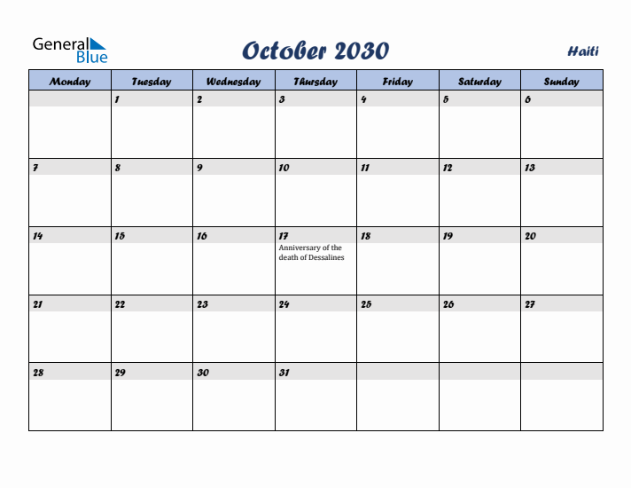 October 2030 Calendar with Holidays in Haiti