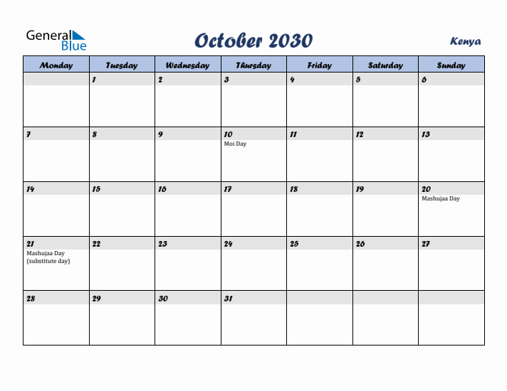 October 2030 Calendar with Holidays in Kenya