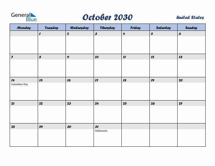 October 2030 Calendar with Holidays in United States