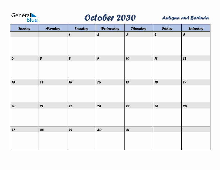 October 2030 Calendar with Holidays in Antigua and Barbuda