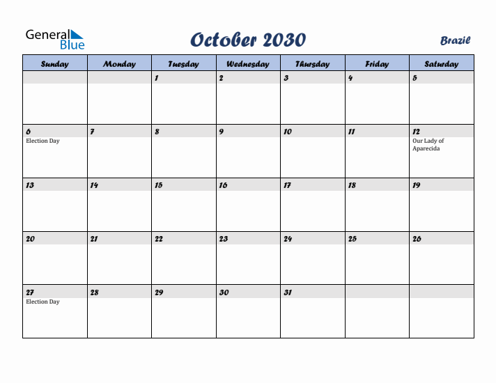 October 2030 Calendar with Holidays in Brazil