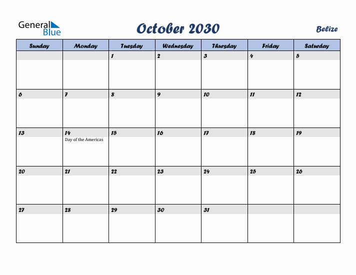 October 2030 Calendar with Holidays in Belize