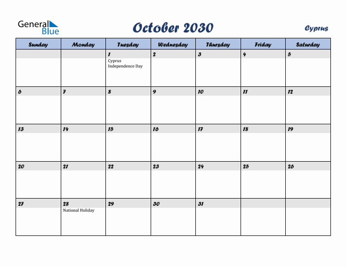 October 2030 Calendar with Holidays in Cyprus