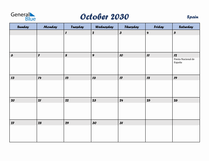 October 2030 Calendar with Holidays in Spain