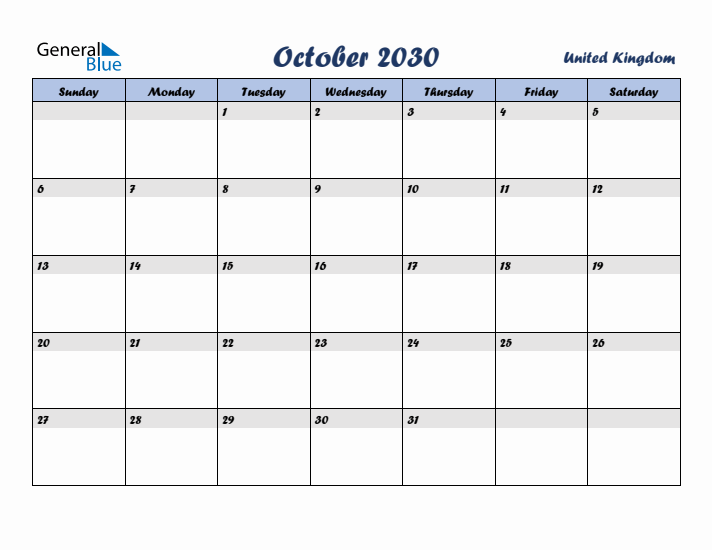 October 2030 Calendar with Holidays in United Kingdom