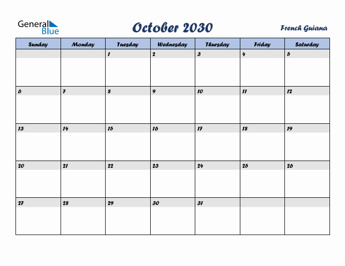 October 2030 Calendar with Holidays in French Guiana