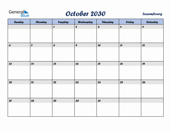 October 2030 Calendar with Holidays in Luxembourg