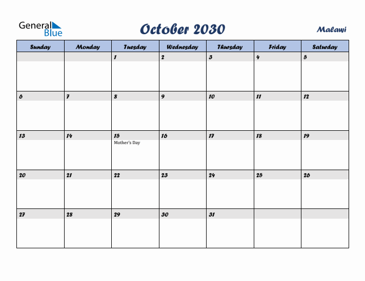 October 2030 Calendar with Holidays in Malawi