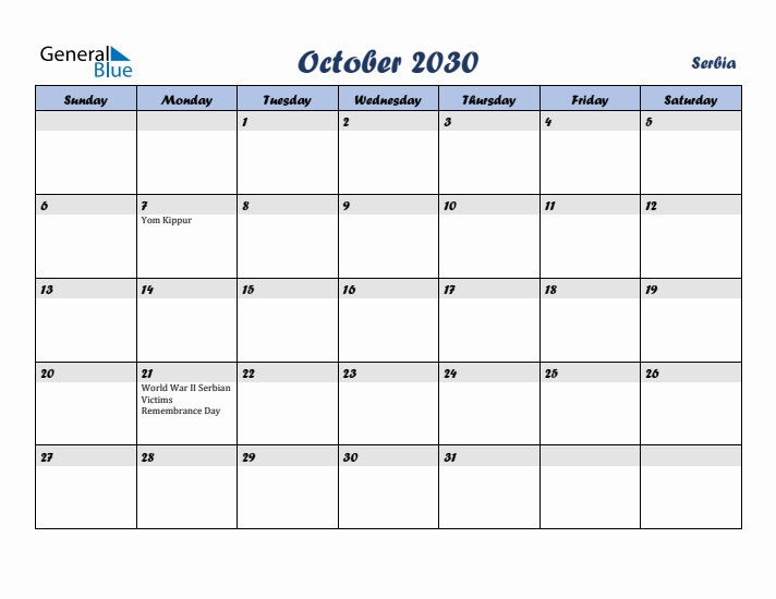 October 2030 Calendar with Holidays in Serbia