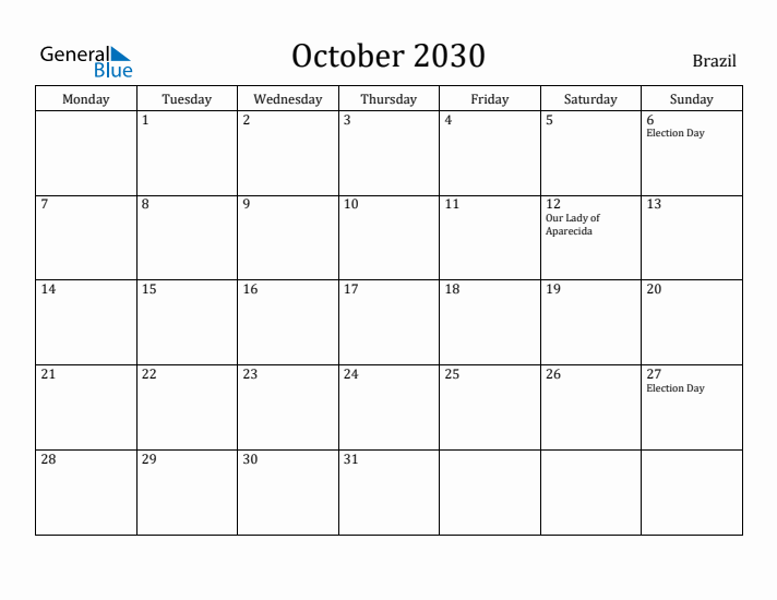 October 2030 Calendar Brazil