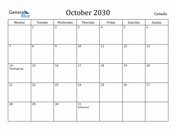 October 2030 Calendar Canada