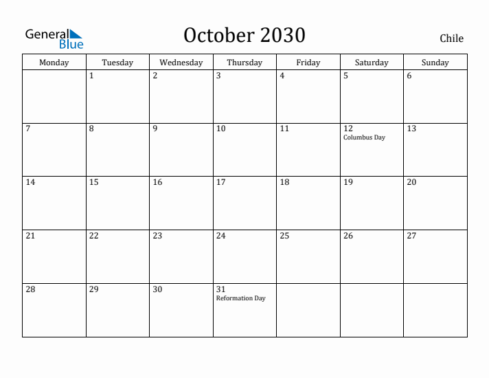 October 2030 Calendar Chile