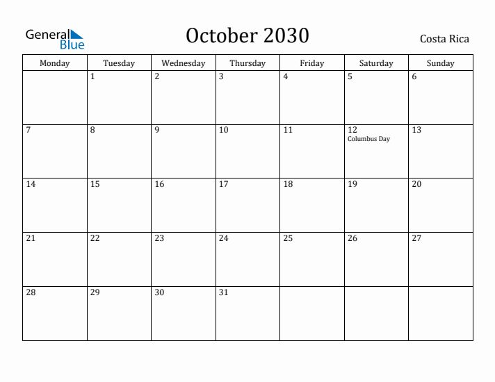 October 2030 Calendar Costa Rica