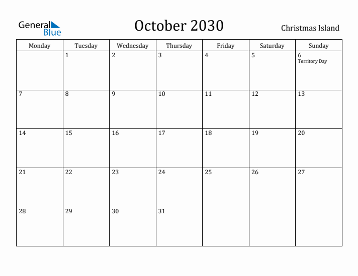 October 2030 Calendar Christmas Island