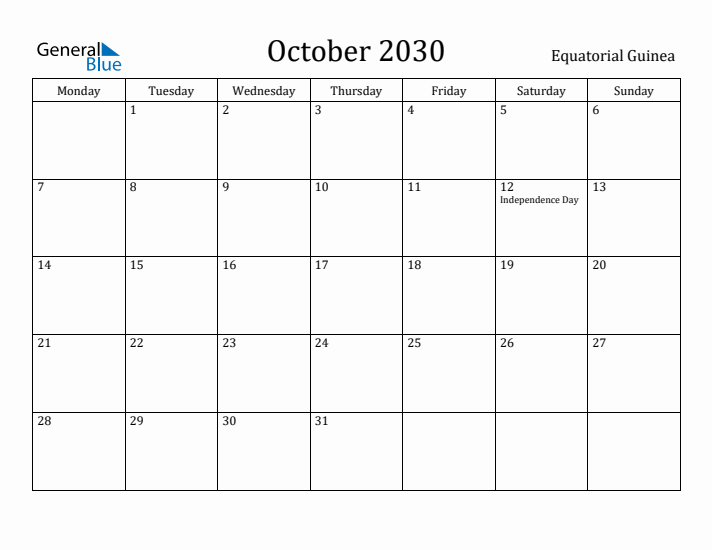 October 2030 Calendar Equatorial Guinea