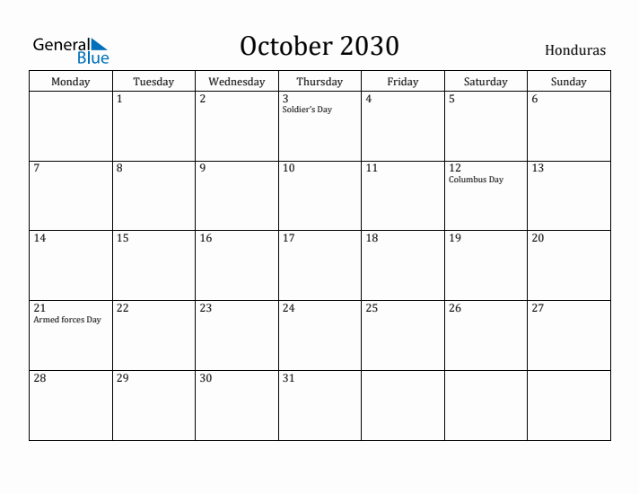 October 2030 Calendar Honduras