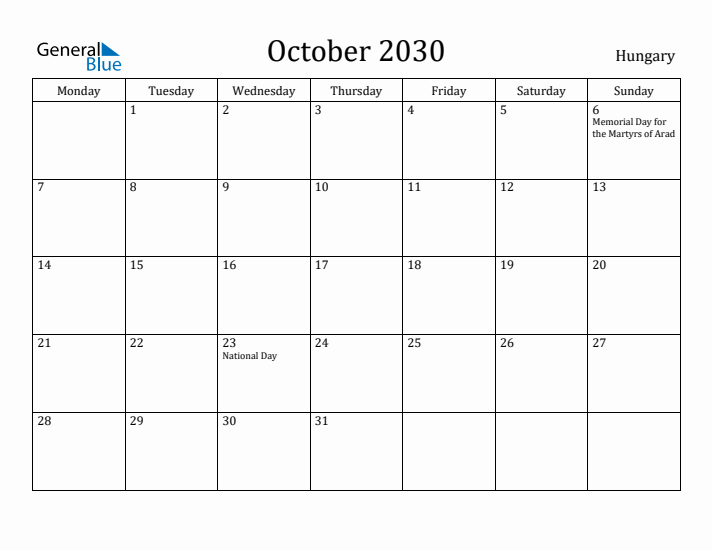 October 2030 Calendar Hungary