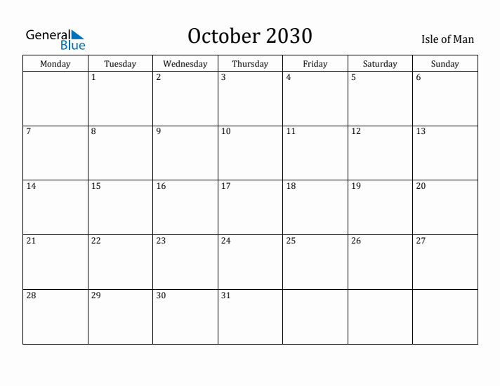 October 2030 Calendar Isle of Man