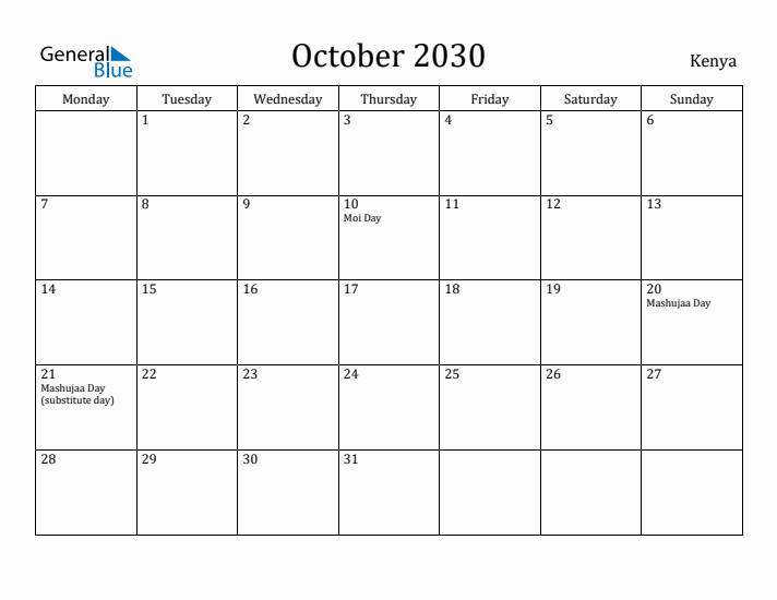 October 2030 Calendar Kenya