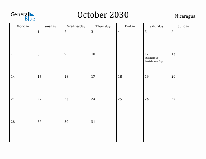 October 2030 Calendar Nicaragua