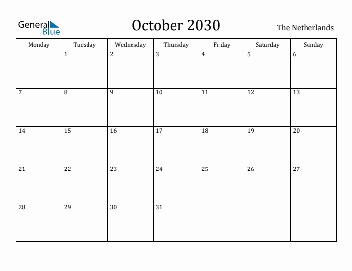 October 2030 Calendar The Netherlands