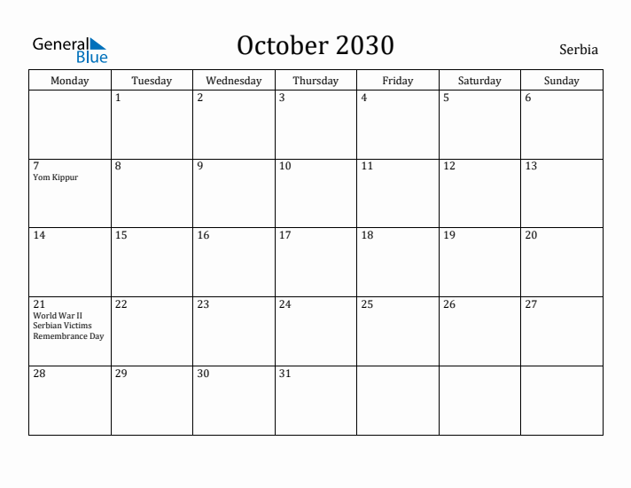 October 2030 Calendar Serbia