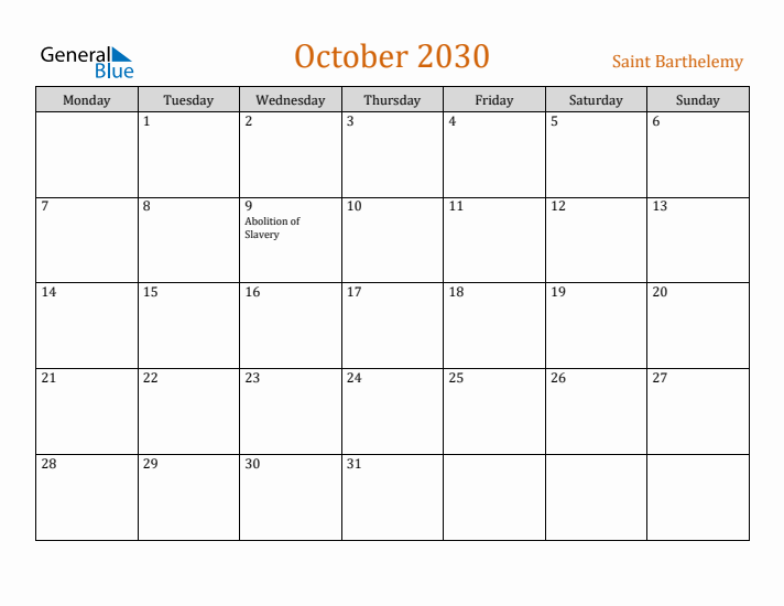 October 2030 Holiday Calendar with Monday Start